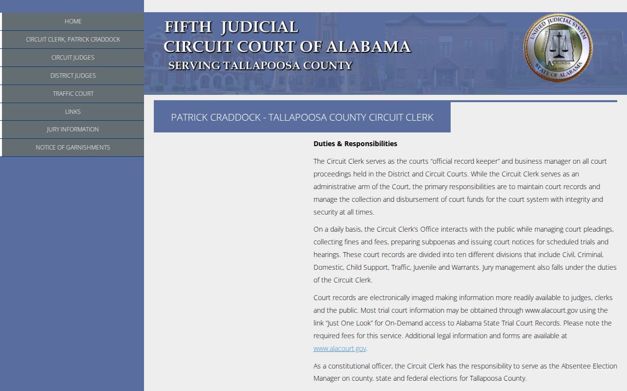 Tallapoosa County court docket Circuit Clerk record duties